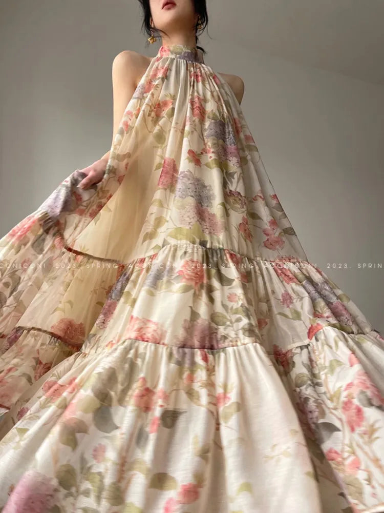 Halter Long Dresses for Summer New Printed Sleeveless Aline Loose Party Dress Prom Robe Vestidos Mujer