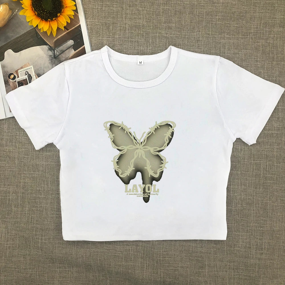 Pure Wind Short Short Sleeve Female Korean Spice Girl Round Neck Print Wearing Top With Shoulder Slimming T-shirt Trend