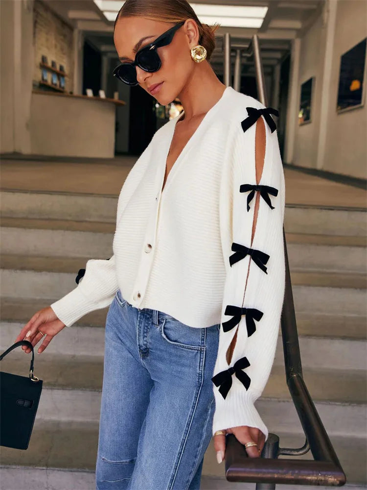Tee Bow Knit Cardigan Sweater V-neck Ribbed Hollow Out Contrast Lace-up Knitwear Coat Female Outwear