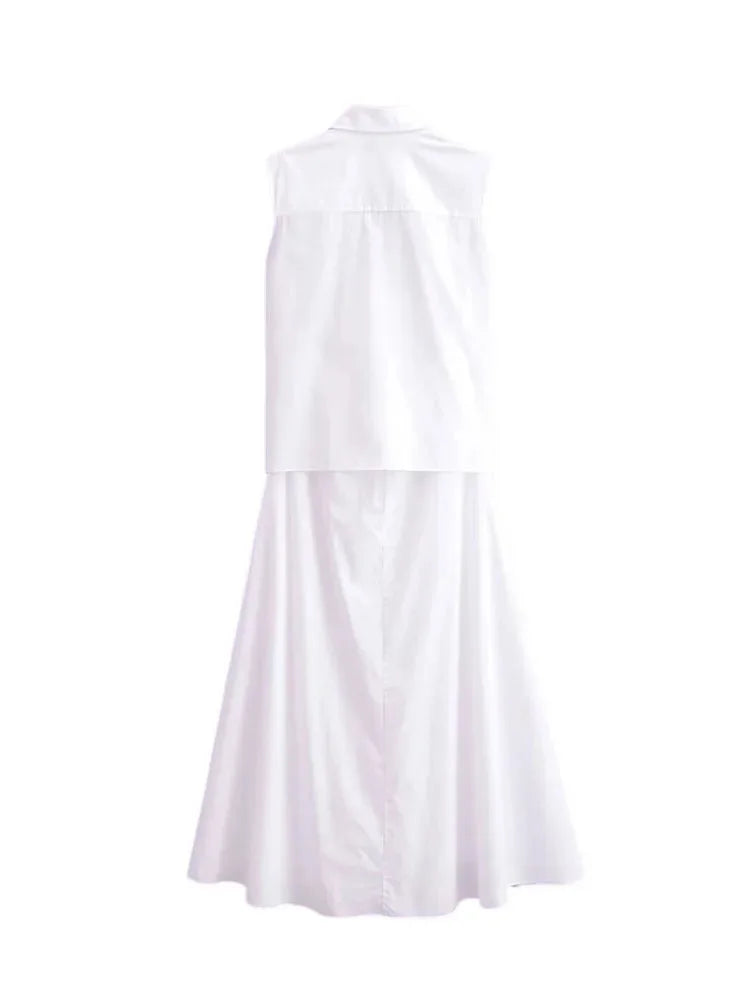 Woman Sleeveless Lace Up Dress Ruched Slim Lapel Shirt Midi Dresses Female Singlebreasted Long Dress