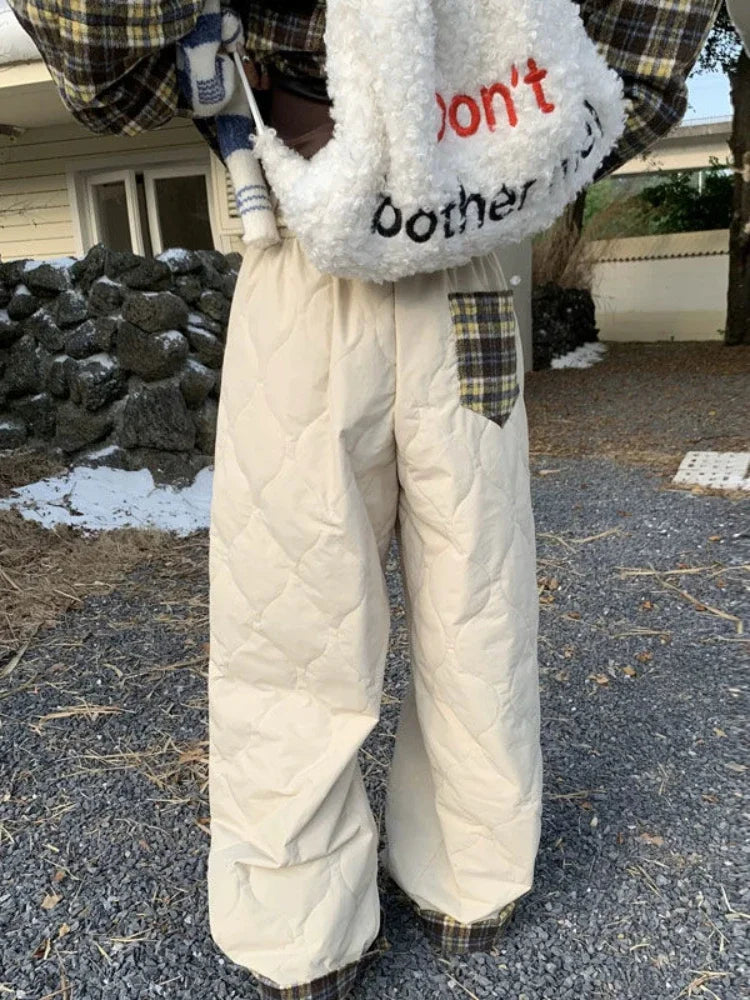 Retro Plaid Spliced Pants Y2k Hip Hop Loose Drawstring Straight Winter Thick Trouser Kpop Slacks