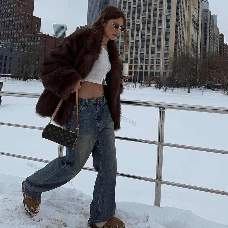 Winter Faux Fur Coat Brand Fluffy Fox Fur Outerwear Overcoat Girl Street Style Furry Warm Jacket