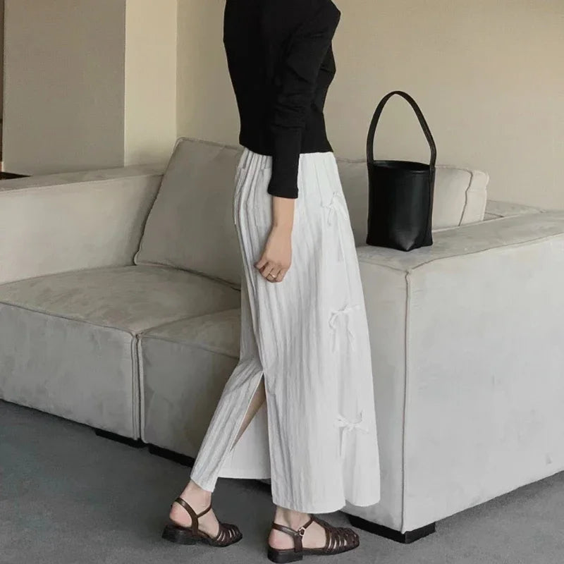Lace Up Bow Color All Match Aline Skirt Summer New Korean High Waist Loose Midlength Skirt