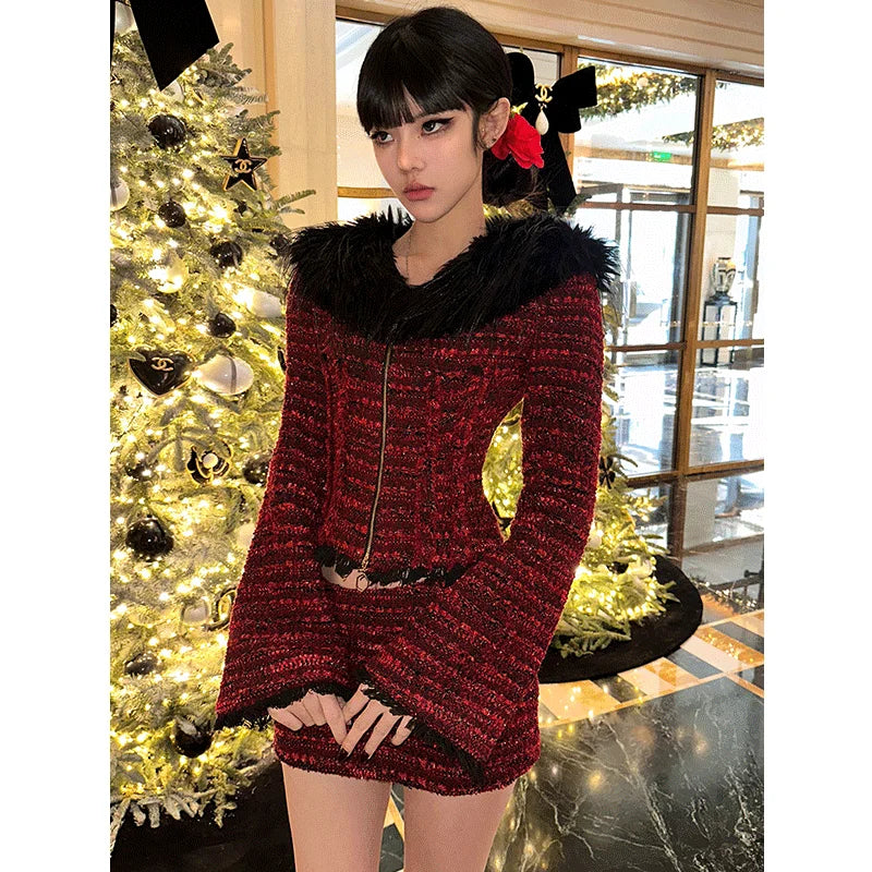 Autumn/winter New Year Red Skirts Set Winter Charm Spliced Coat High Waist Short Skirt Spicy Girl Two Piece Sets Outfits