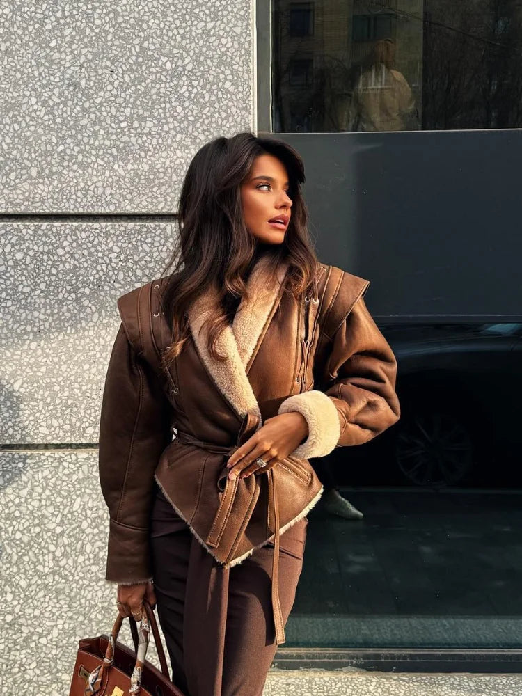 Warm Furry Leather Woman Jacket With Belt Lapel Long Sleeve Motorcycle Coat Lady Winter High Street Outerwear