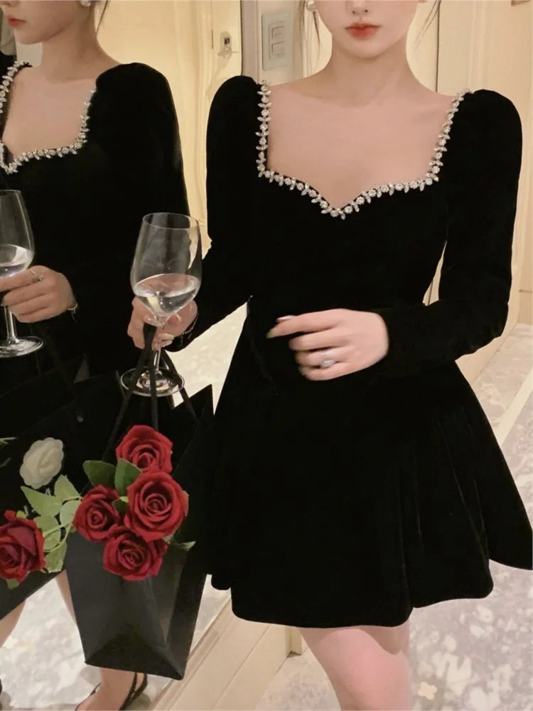 French Velvet Evening Robe for Autumn Diamonds Long Sleeve High Waist Mini Dresses Birthday Party Prom Clothing