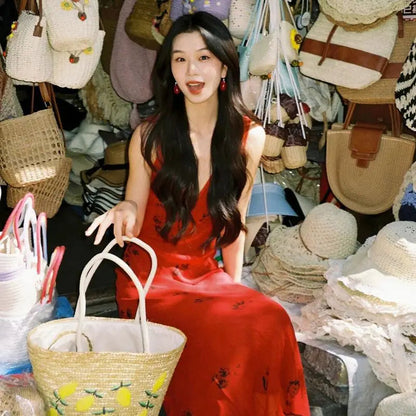 High End Glamorous Socialite Party Evening Red Vneck Camisole Dress Slim Fit Sleeveless Bodycon Maxi Dresses for