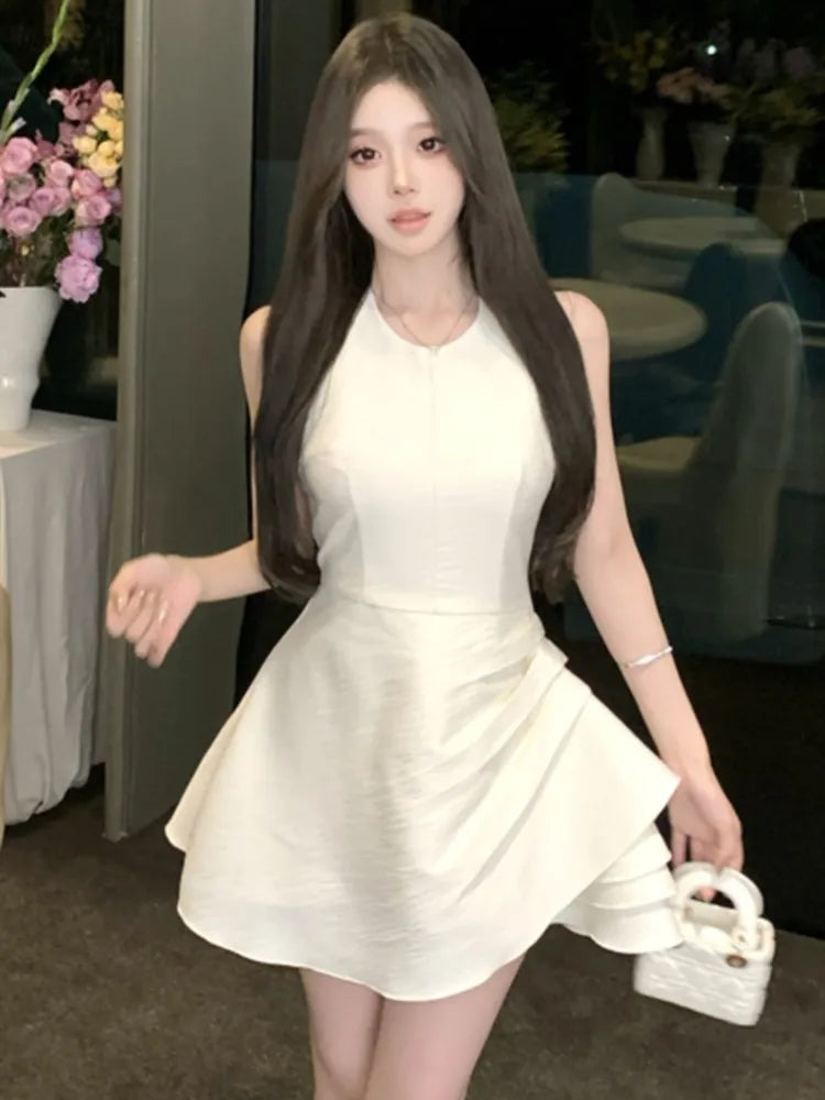 Halter Irregular Jumpsuit Dresses Sweet White Backless Birthday Party Mini Dress Female Pleated Aline Short Vestidos