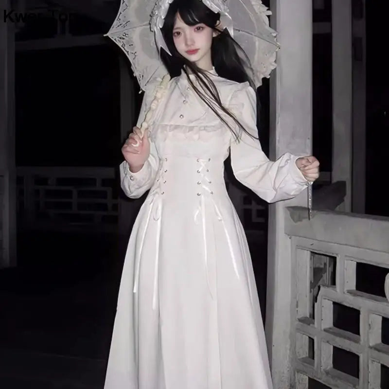 Princess Laceup Midi Dresses Autumn New Party Dress Long Sleeve Oneck High Waist Y2k Gothic Vestidos Mujer