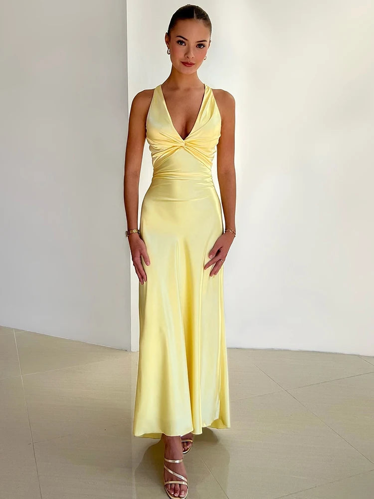 Satin Bow Backless Maxi Dress for Gown V Neck Sleeveless Club Party Evening Dress