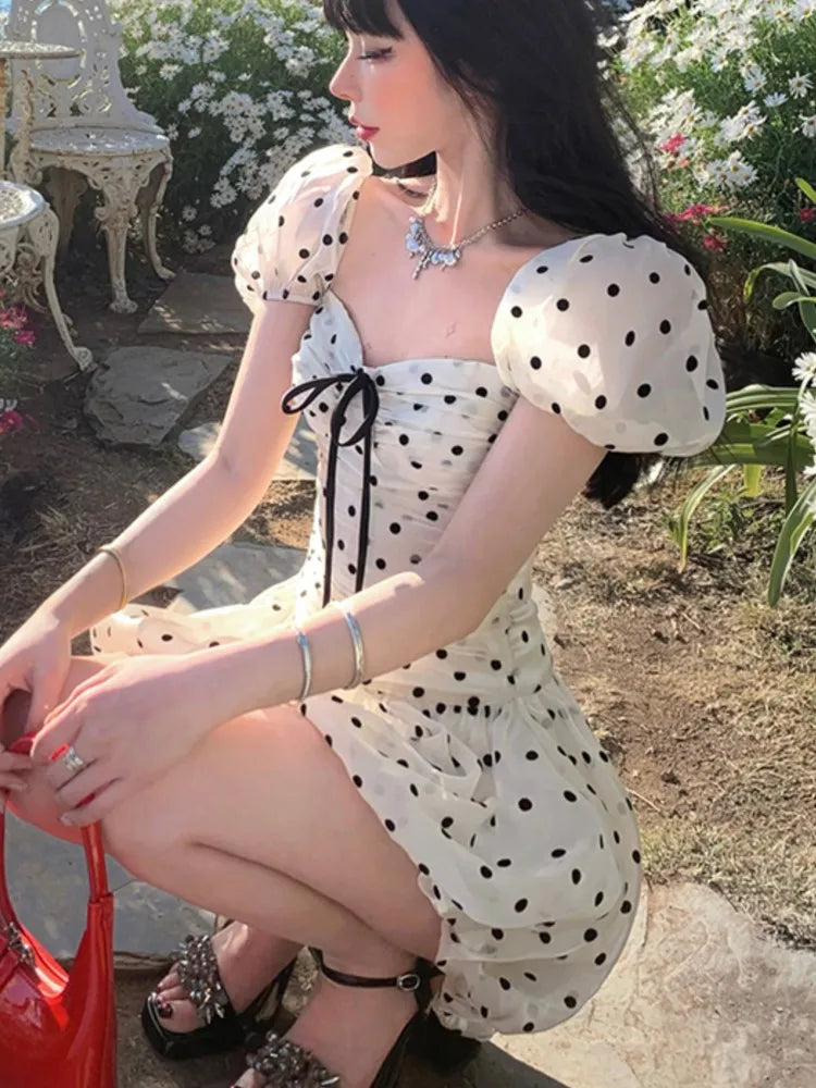 Polka Dot Birthday Party Dress Off Shoulder Puff Sleeve A-line Ball Gown Mini Dresses for Korean One Piece Vestido