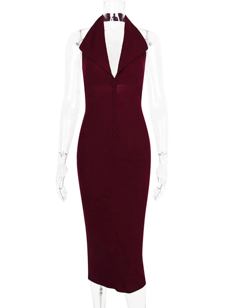 Halter V Neck Backless Split Dress ’s Bodycon Sleeveless Long Dress Autumn New Slinky Waist Vest Dress
