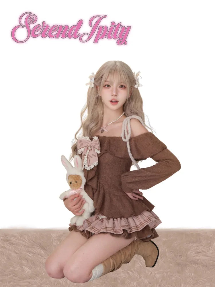 2000s Y2k Suits Retro Brown Crop Tops Sweater + Mini Skirt Japanese Kawaii 2 Piece Sets Korean Party Clothing