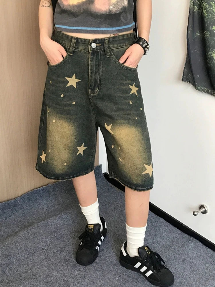 Star Print Denim Jean Shorts Hip Hop Quarter Pants Y2k Oversize Do Old Summer Slouchy Bottoms