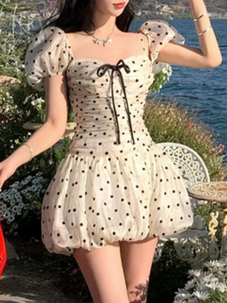 Polka Dot Birthday Party Dress Off Shoulder Puff Sleeve A-line Ball Gown Mini Dresses for Korean One Piece Vestido