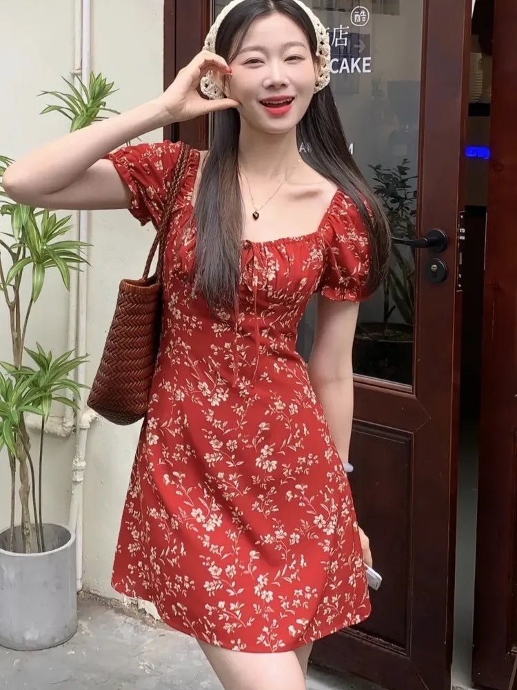 Summer New Printed Midi Dresses for Square Collar Puff Sleeve French Korean One Piece Vestido Mujer
