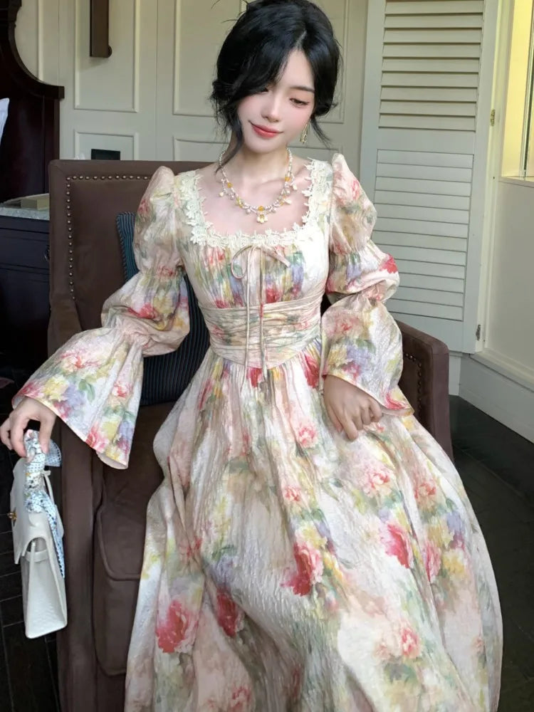 French Printed Midi Long Dress Autumn Square Collar Lantern Sleeve Laceup Midi Vestidos One Piece Clothing