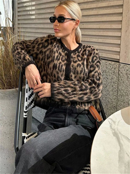Female Leopard Cardigan Sweater Printed Contrast Loose Long Sleeve Commute Cropped Coat ’s Autumn Cardigan