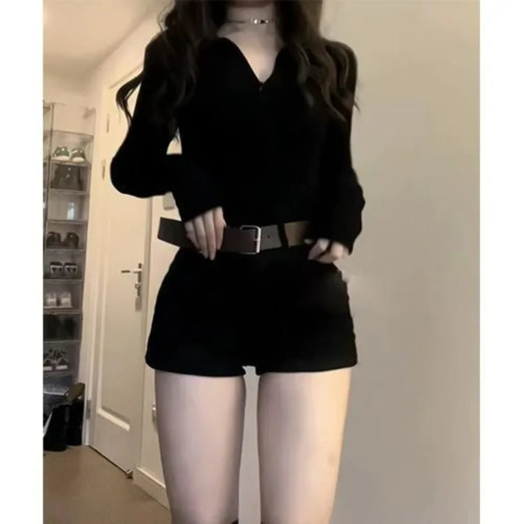 Korean Simple Vneck Long Sleeve Slim Fit Black Tops + Y2k Grunge High Waist Split Shorts Summer New Two Piece Sets