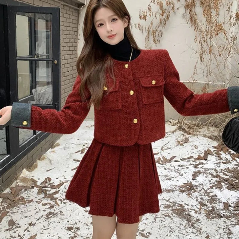 Autumn Winter New Red Tweed Two-piece Skirt Set Short Jacket Coat Pleated Mini Skirt Korean Female Outfits