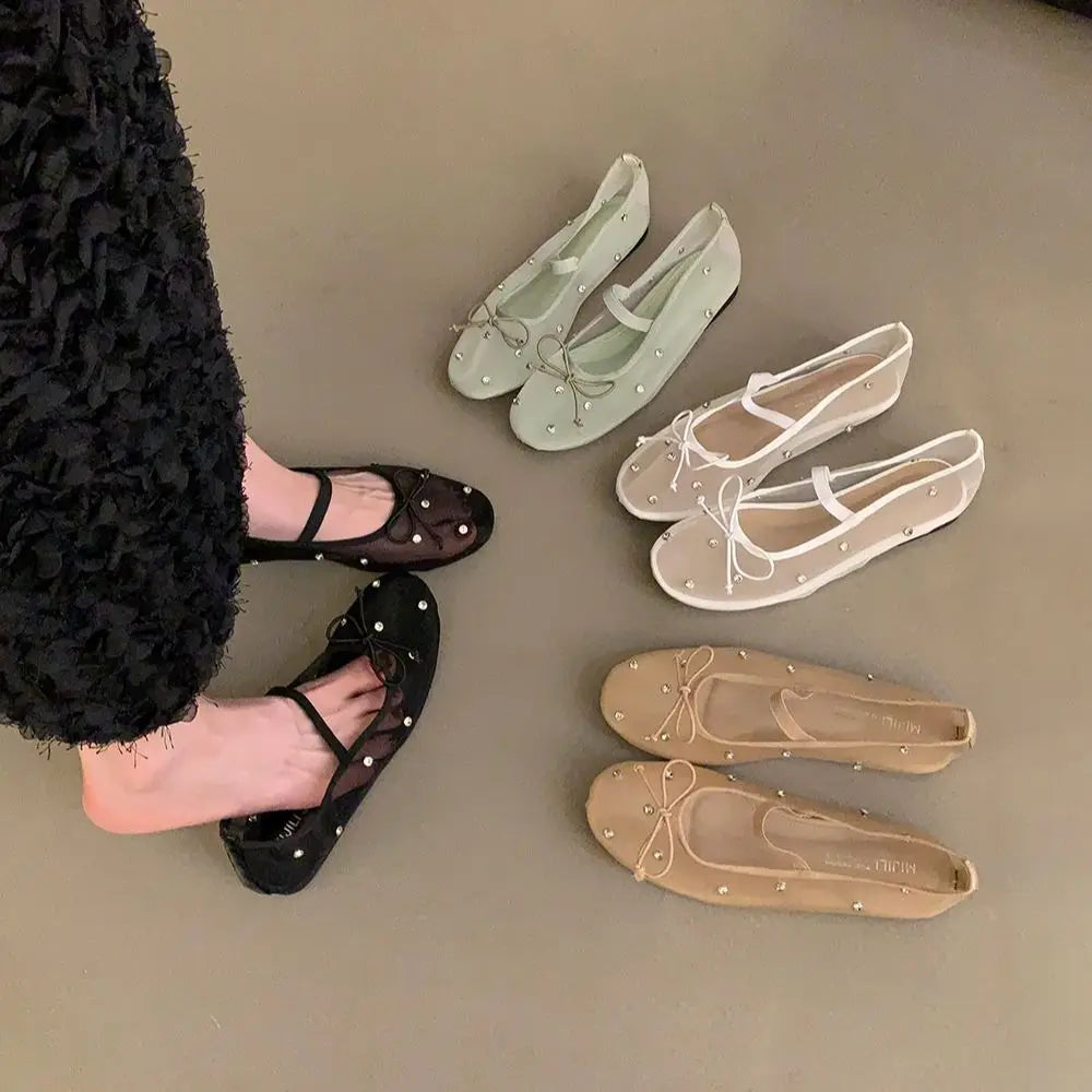 Flat Shoes Mesh Mary Jane Shoes Soft Sole Outdoor Dress Ballerinas