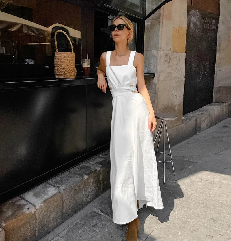 Summer White Midi Dress New Sleeveless Waist Hollow Out Long Dresses Lace-up Vestidos