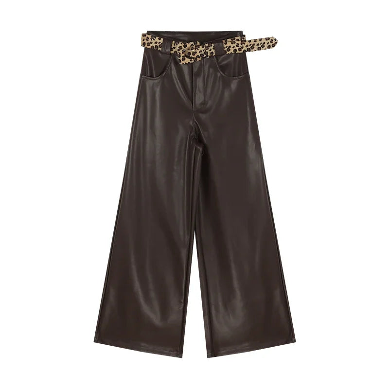 Color Allmatch Leather Wide Leg Pants Winter New High Waist Leopard Belt Loose Pants