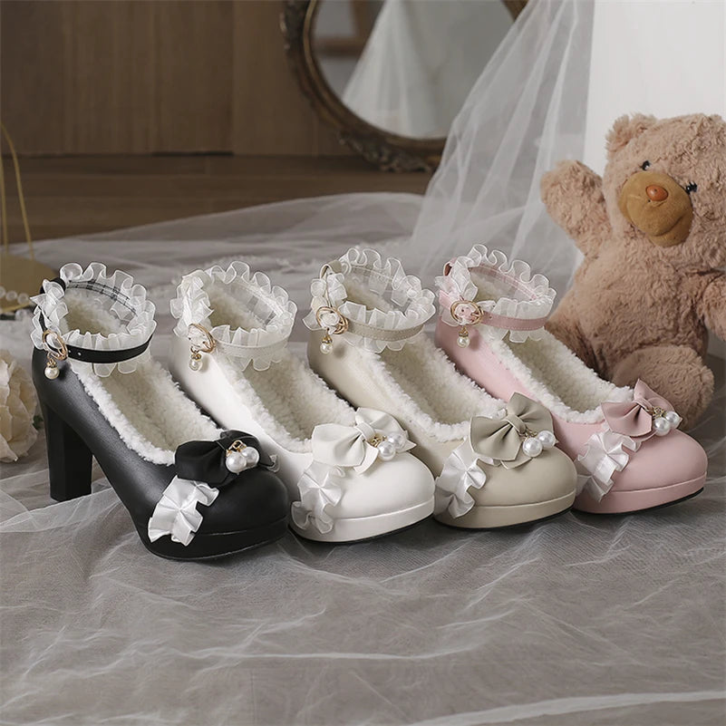 Ankle Strap Lolita Pumps Round Toe Thick High Heels Buckle Ruffles Bow Kawaii Cosplay Shoes Spring Autumn