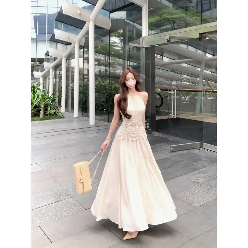 Lace Patchwork Hanging Neck Dress Summer Waist Cinched Sleeveless Spicy Girl Temperament Aline Long Dresses
