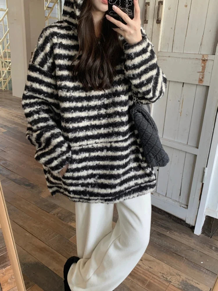 Harajuku Striped Long Sleeve Pullovers Sweatshirt Oversized Hoodies for Winter Warm Clothes New