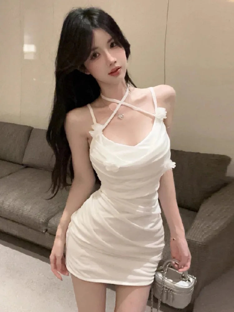 Dress Woman Sleeveless Slash Neck Flowers Slim Tassel Ruched Backless Slim Party Mini Dresses Female Club