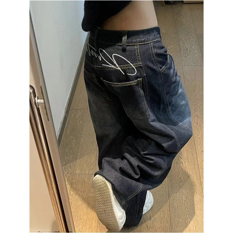Jeans Y2k American Style Wide Leg Denim Trouser Design Hip Hop Straight High Waist Baggy Denim Pants