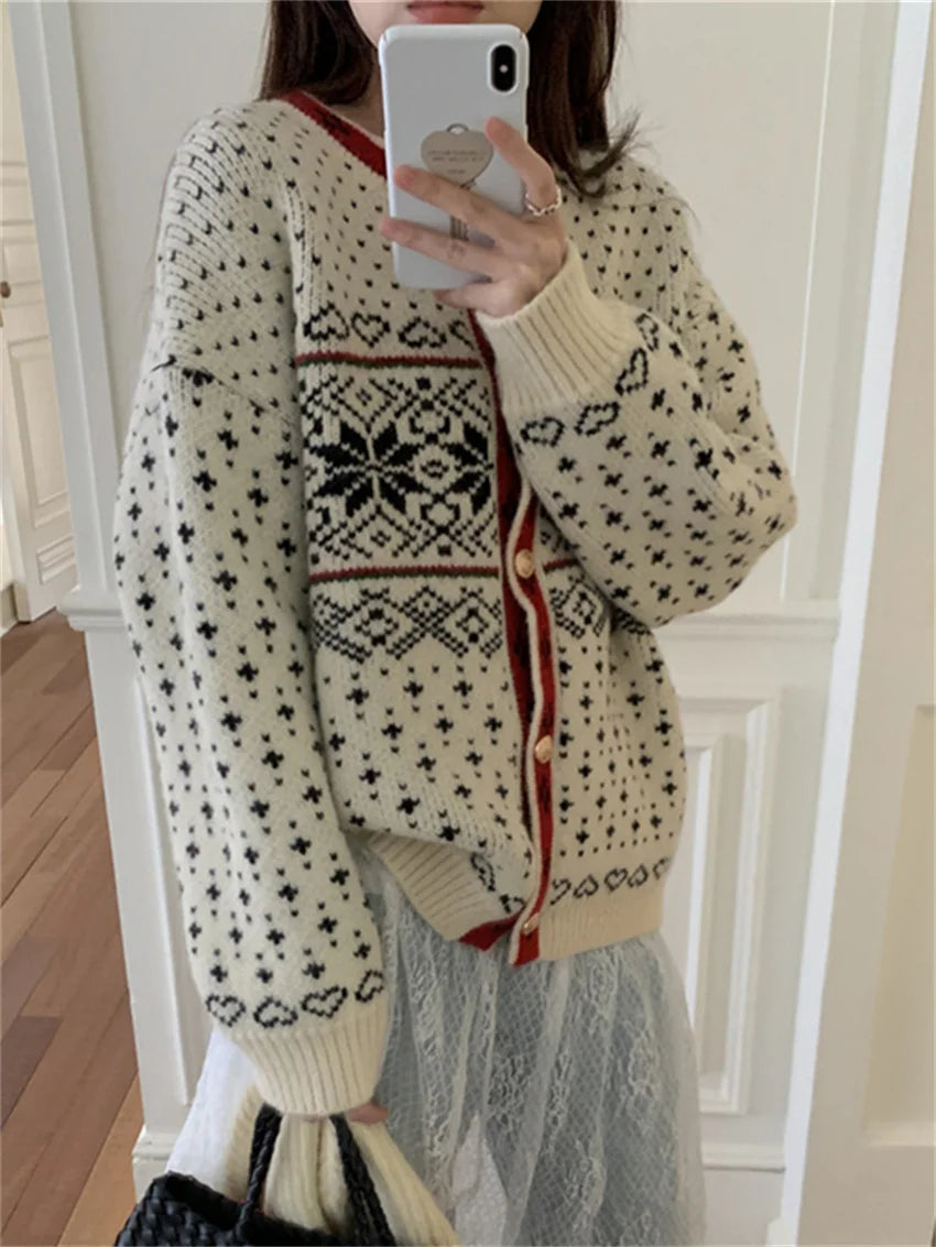 Retro Cardigans Coats Florals Daily Winter Thicken Gentle New Loose Knitwear All Match Sweaters