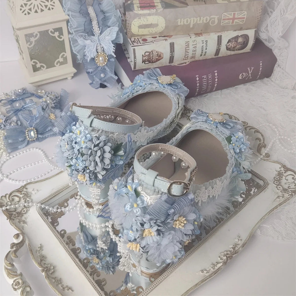 Sweet Lolita Retro Court Style Cosplay Loli Flower Wedding Gem Flower Ribbon Plush Bow 68 Cm High Heel Shoes