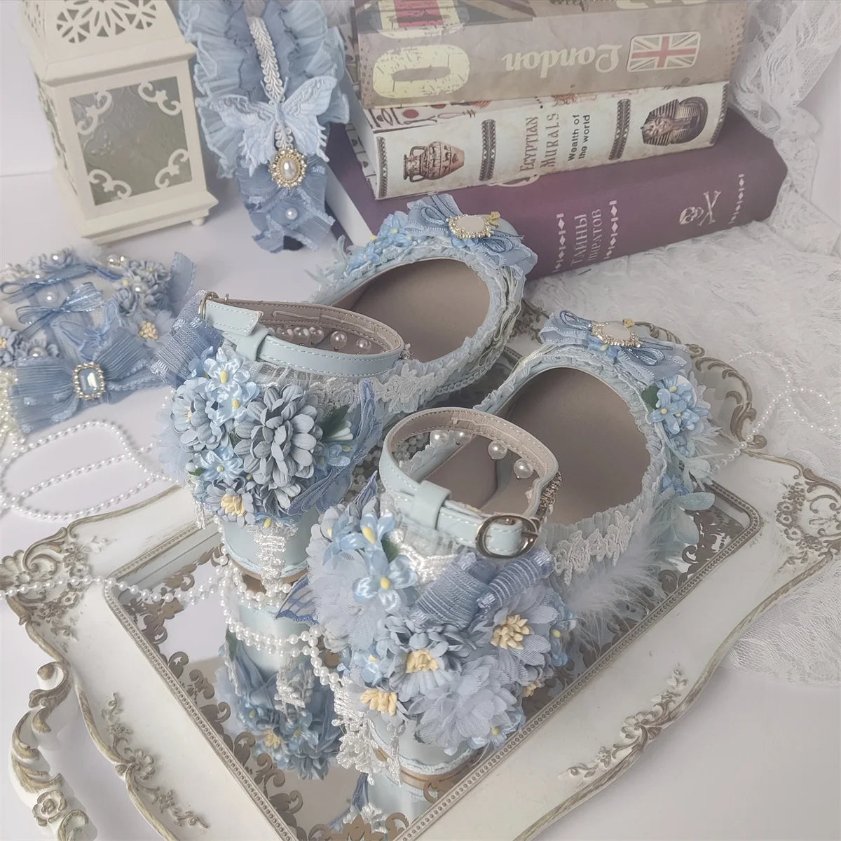 Sweet Lolita Retro Court Style Cosplay Loli Flower Wedding Gem Flower Ribbon Plush Bow 68 Cm High Heel Shoes