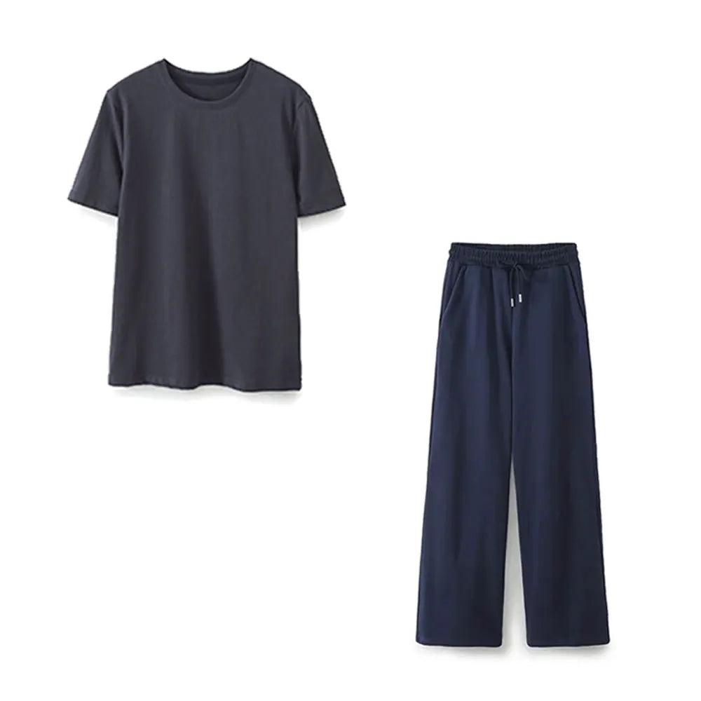 Summer Basic Round Neck Cotton Tshirt Set Short Sleeves Top Female Loose Laceup Straight Leg Pants