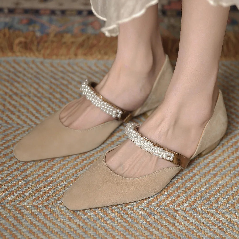 Mary Jane Flats Natural Suede Leather Beading Band Pointed Toe Slipon Female Footwear Summer Daily Shoes