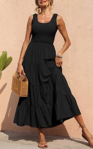 Dresses for Summer Sleeveless Color Long Dress Elastic Waist Beach Party Big Swing