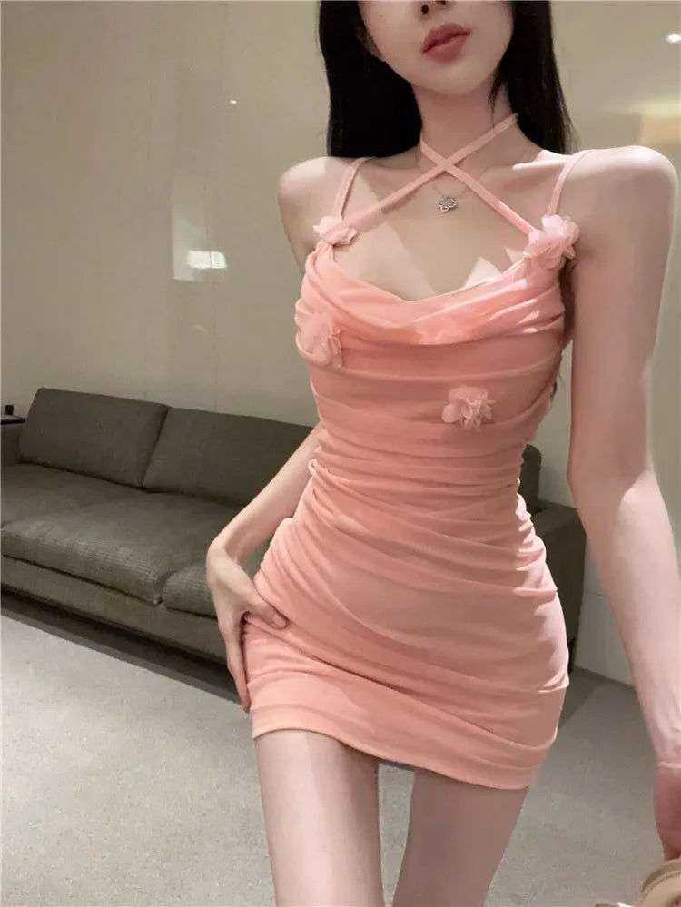 Dress Woman Sleeveless Slash Neck Flowers Slim Tassel Ruched Backless Slim Party Mini Dresses Female Club