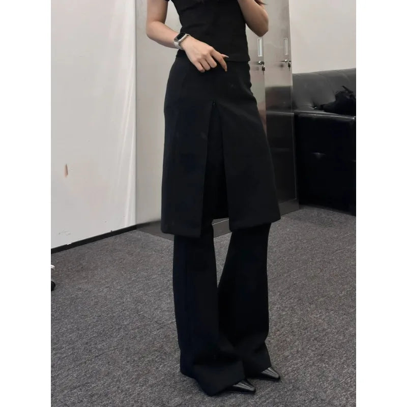 Fake Twopiece Slim Wide Leg Pants Spring New Korean High Waist Pleated Skirt Splicing Knit Pants
