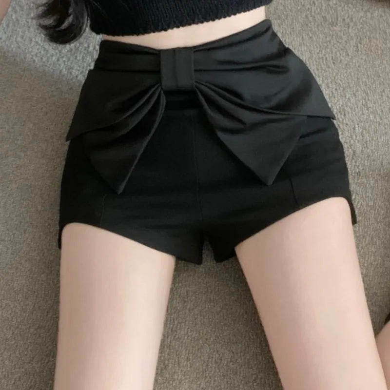 Big Bow Shorts Mujer Black Spring Summer Pants Korean Slim Pantalones Cortos
