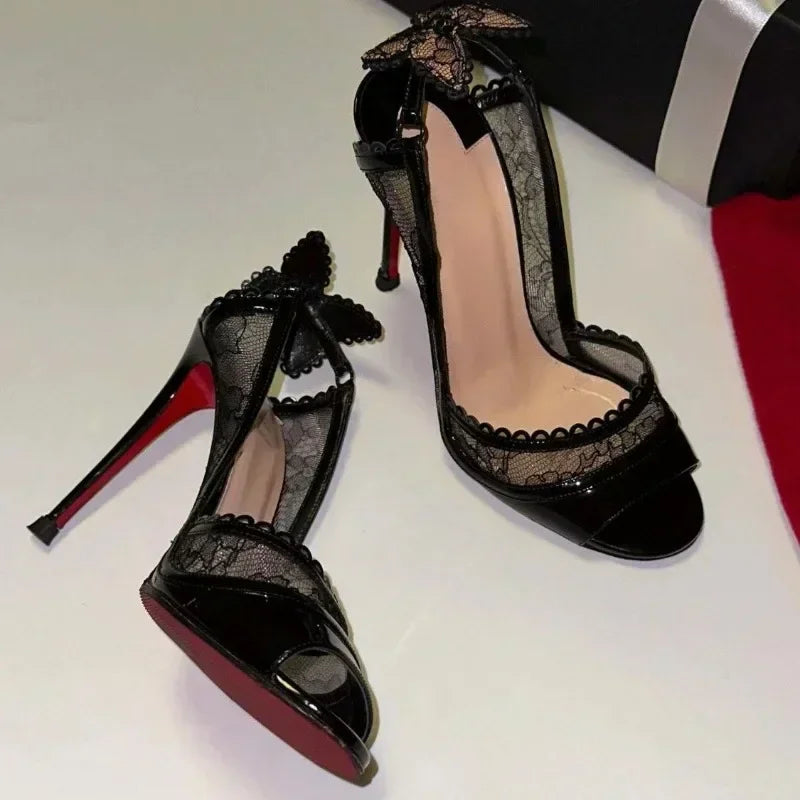 Cutout Lace Bowknot Pumps Summer Peep Toe Slingback Sandals Thin High Heels Black Patent Leather Party Wedding Shoes