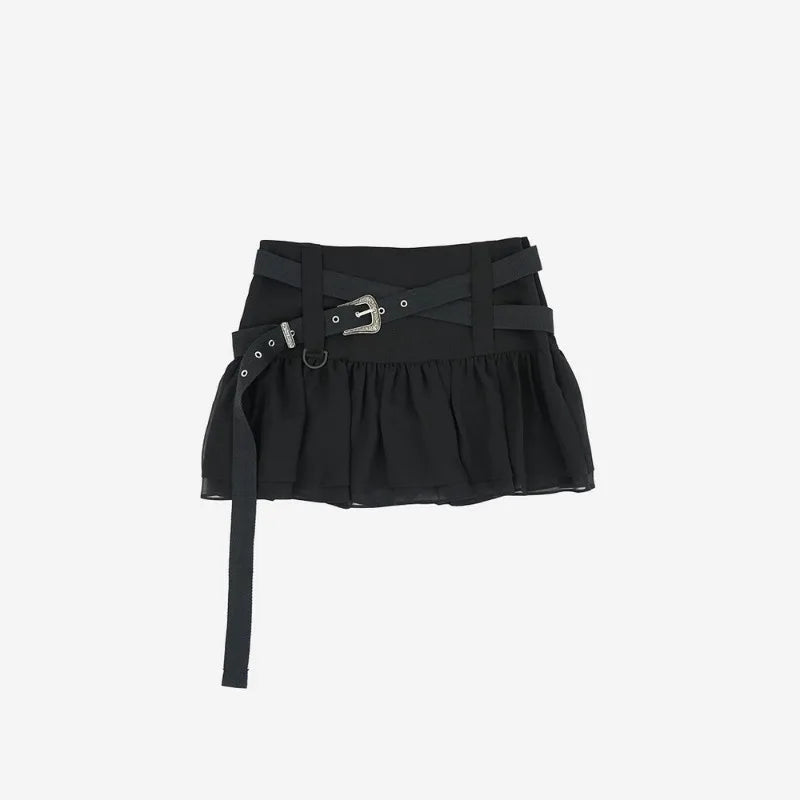 Spring and Summer Korean Retro High Street Low Waist Ruffles Skirt With Belt Mini Skirt