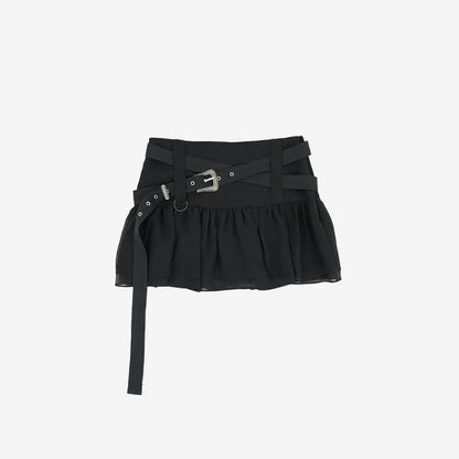 Spring and Summer Korean Retro High Street Low Waist Ruffles Skirt With Belt Mini Skirt