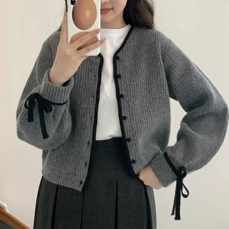 French Style Cardigan Autumn Winter Sweet Bow Knitted Sweater Coat Knitwear Simple Clothes