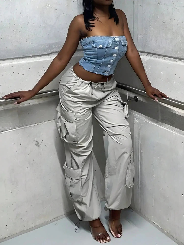 Y2k Cargo Pants Multiple Pocket Patchwork Drawstring Ruched Summer Loose Jogger Wide Leg Pants High Street