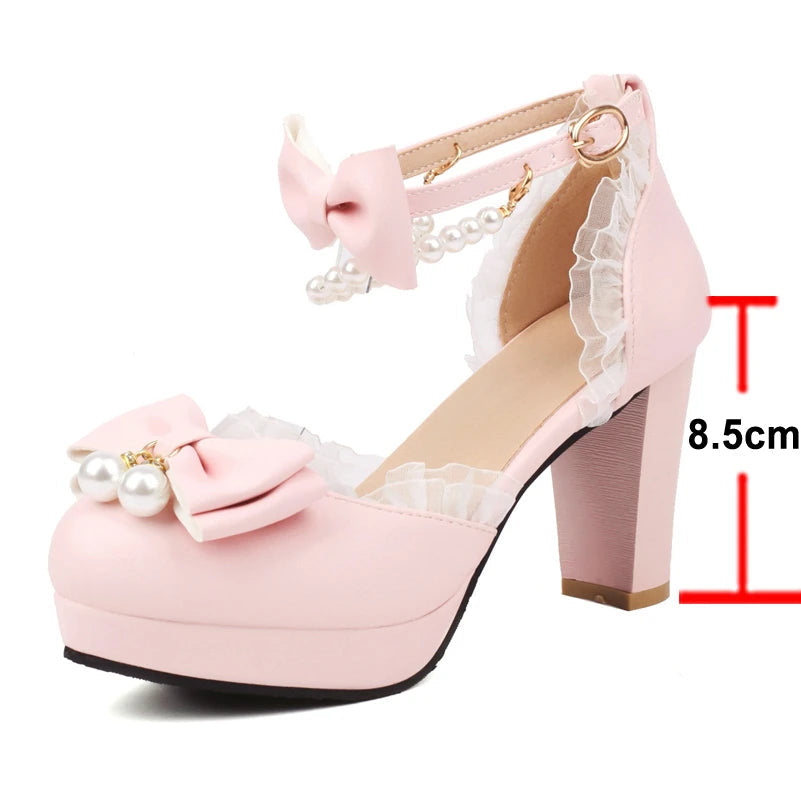 Ankle Strap Twopiece Lolita Pump Round Toe Platform Kawaii Thick High Heel Bow Buckle Bead Cosplay Shoes Autumn