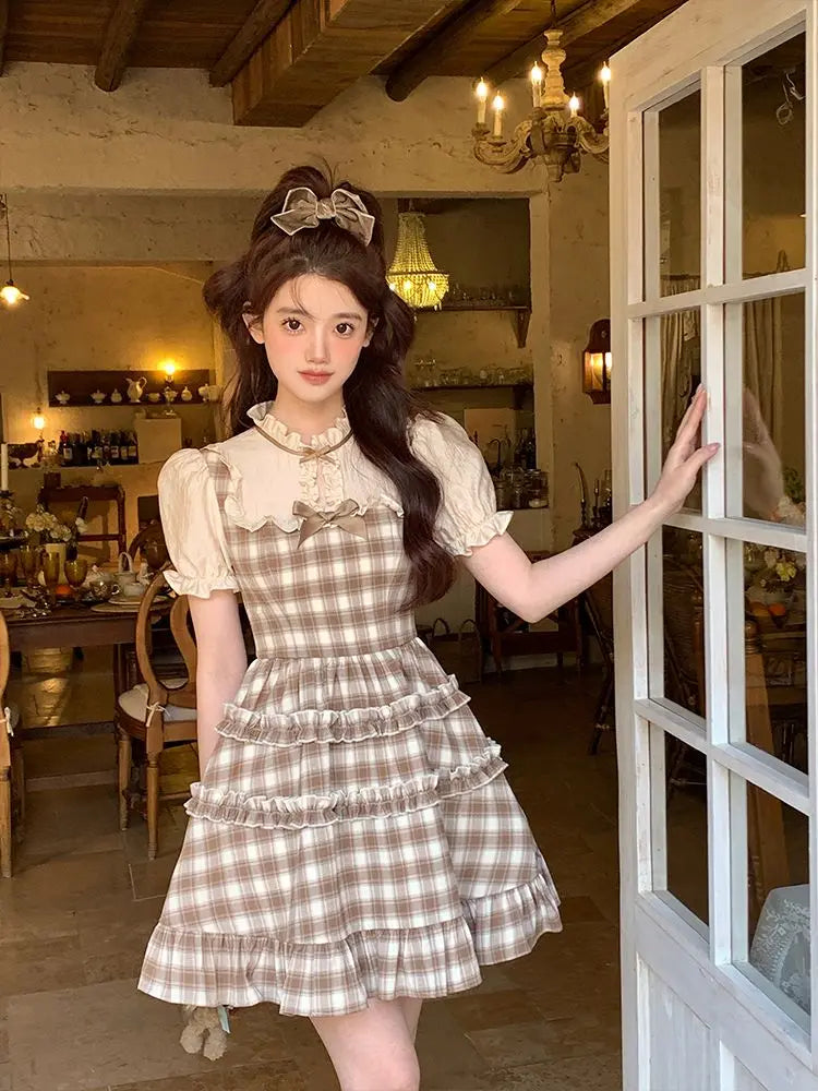 Plaid Dress Short Sleeve Slim Party Y2k Mini Dress Kawaii Clothing One Piece Dress Korean Summer