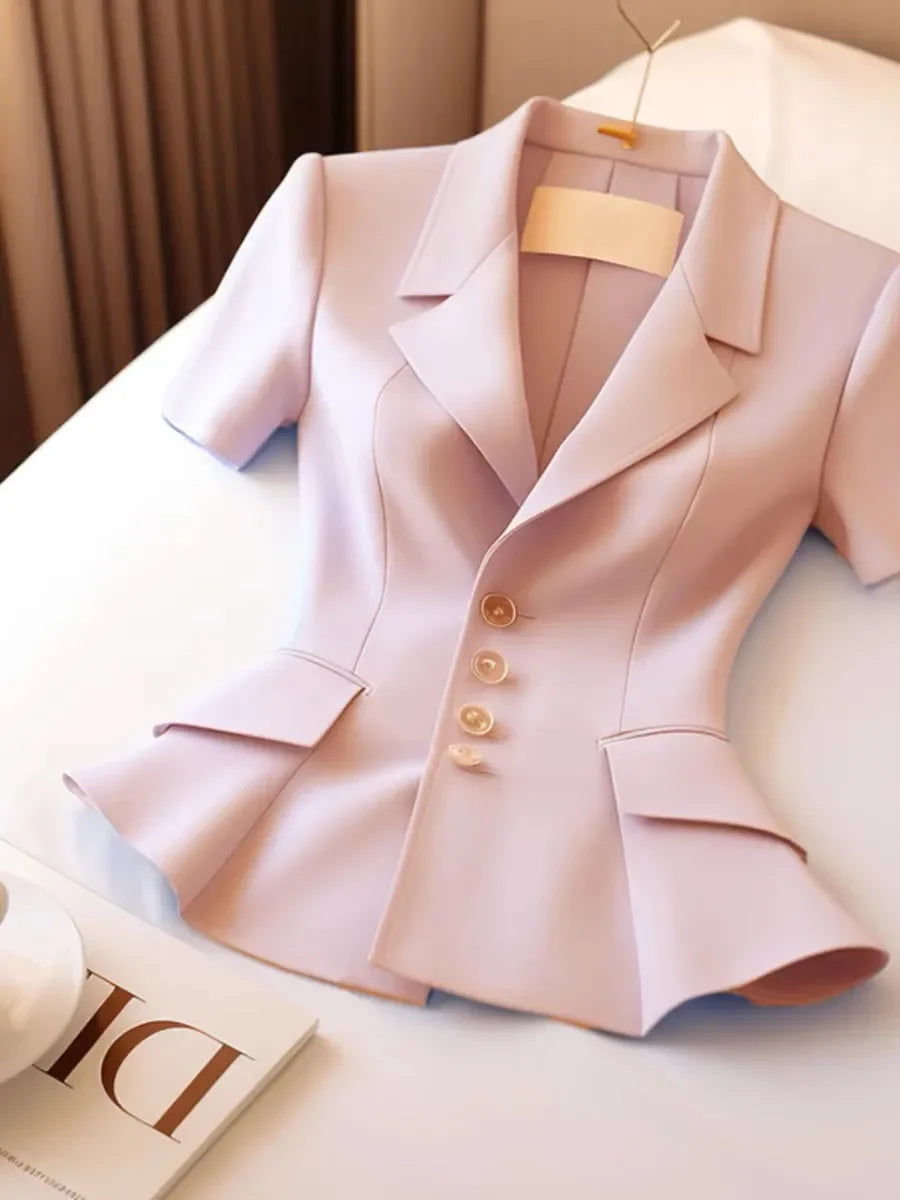 French Highend Suit Coat Summer New Waist Cinching Slimming Commuter Short Sleeve Pink Blazer Tops