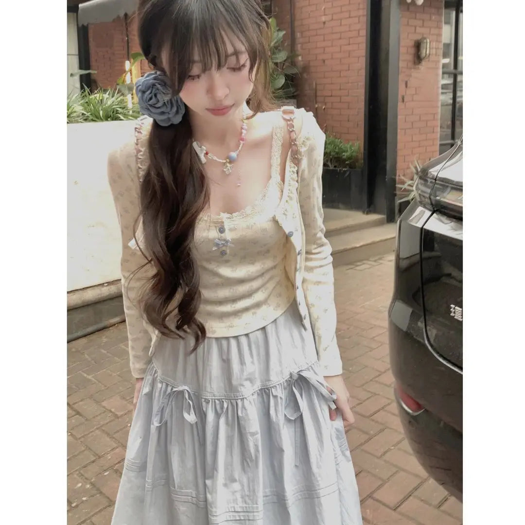 Japanese Kawaii 3 Piece Skirt Sets Lolita Crop Top Blouse + Midi Skirts Korean Suits 2000s